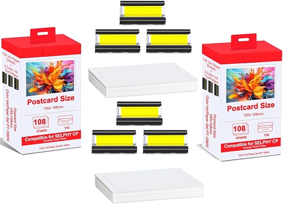 2 Pack Value Combo Pack KP-108IN Compatible for Canon Selphy CP1500 Ink and Paper Set, Includes 6 Ink Cassettes + 216 Paper Sheets for Canon Selphy CP1300 CP1200 CP910 CP900 CP1000 Printers