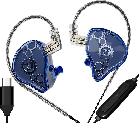 FEDAI ND Venus in Ear Monitor Headphones, 10mm Double Magnetic Dynamic Driver IEM Earphones, HiFi Wired Gaming Earbuds, 2 Pin Detachable Cable (with Mic, Blue, Type C Plug)