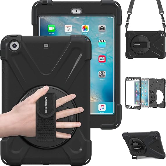 BRAECN Case for iPad mini 1/2/3,Heavy Duty [Shock Proof for Kids Cover], with 360 Degrees Rotating Stand&Hand Strap/Shoulder Strap for iPad mini 1st/2nd/3rd 7.9 inch-Black