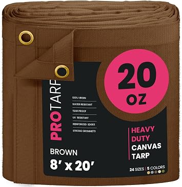 Extreme Heavy Duty 20 OZ Water Resistant Canvas Tarp, UV Resistant Tarpaulin Cover with Rustproof Brass Grommets, Multipurpose for Canopy, Roof, Camping, Woodpile (Brown 8'X20')