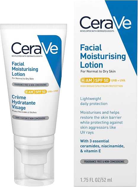 CeraVe AM Facial Moisturising Lotion SPF50 With 3 Essential Ceramides, Vitamin E, Niacinamide, MVE Technology, UVA UVB Protection, For Normal to Dry Skin, Lightweight, Non-Greasy, Allergy Tested, 52ml