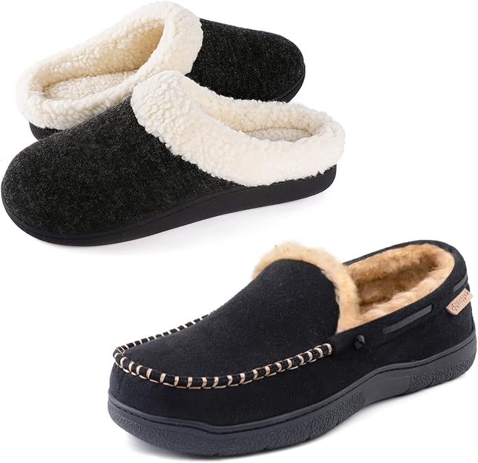 Zigzagger Set of 2 Pairs - Women's Sherpa Fleece House Slipper with Memory Foam(Black, US 8-9) and Men's Moccasin Slippers Memory Foam House Shoes(Black,US 11)