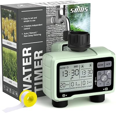 SOYUS Programmable Outdoor Garden Hose Timer with Rain DelayManualAutomatic Watering System, Waterproof Digital Irrigation Timer for Lawns, Yard and Pool, 2 Outlet