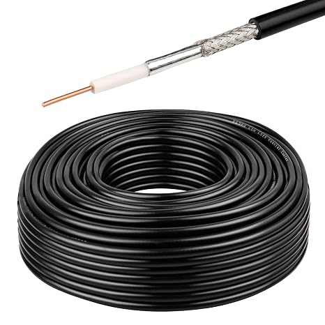 RG58 Coaxial Cable 100FT, 50 Ohm Reliable Signal Transmission Cable with Solid Copper Core, Black PVC Jacket, for CB Radios, Ham Radios, Antennas, RF Signal Transmission, and Wireless Applications