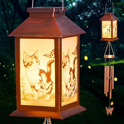 Cat Wind Chimes, Solar Cat Lights for Outside, Gifts for Cats Lovers, Birthday Gifts for Women, Mom, Ded, Grandma, Garden Lawn Yard Outdoor Decor Mobiles Wind Chime, Cats Themed Gift