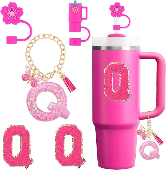 Cup Accessories Set for Stanley Cup 30oz 40oz tumbler with handle, Including Silicone Straw Topper Cover Cap, Handle Charm, Initials Sticker Fuchsia (Q)