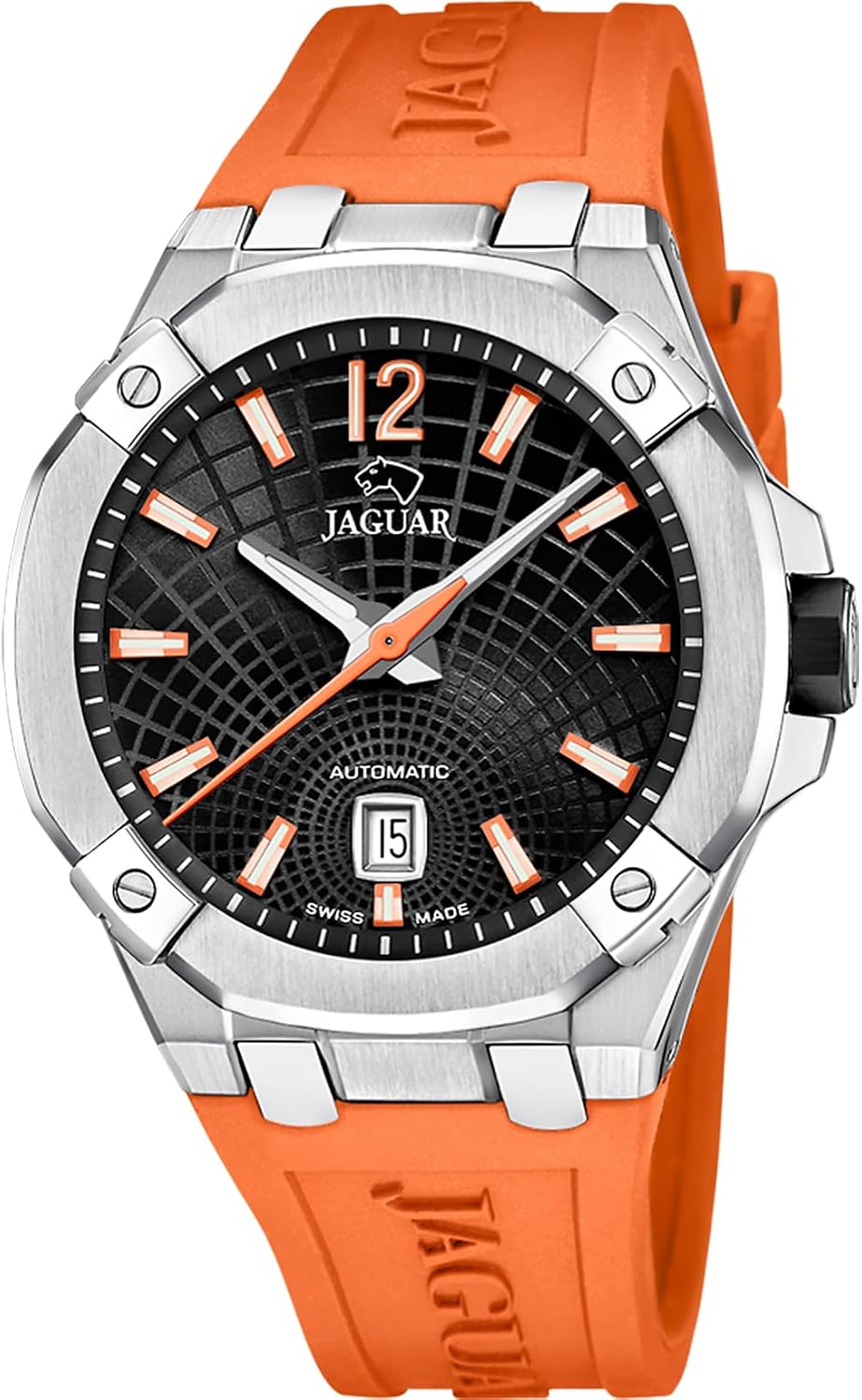 JAGUAR Mens Watch J10301 Diplomatic Stainless Steel Case 316l Silver Orange Rubber Strap, BlackWhite, BlackWhite