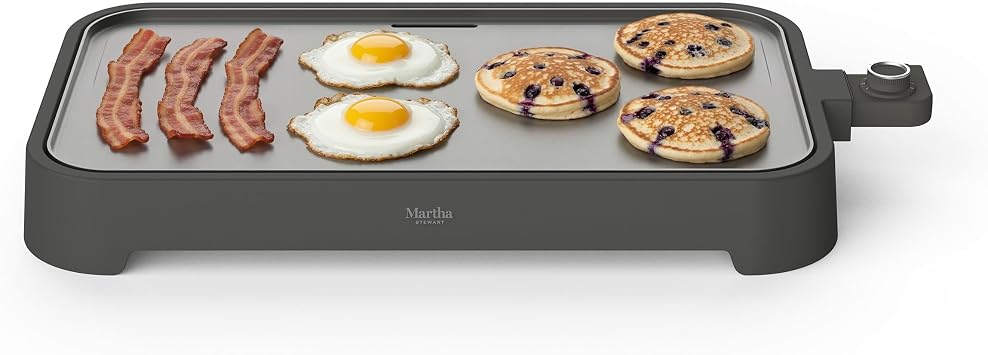 Martha Stewart 12 x 22 Electric Griddle, XL Ceramic Nonstick Flat Top Cooking Surface, Adjustable Temperature Dial, Drip Tray, Dishwasher Safe, 1500W Fast Even Heating, Pancakes & Eggs, Caviar Gray