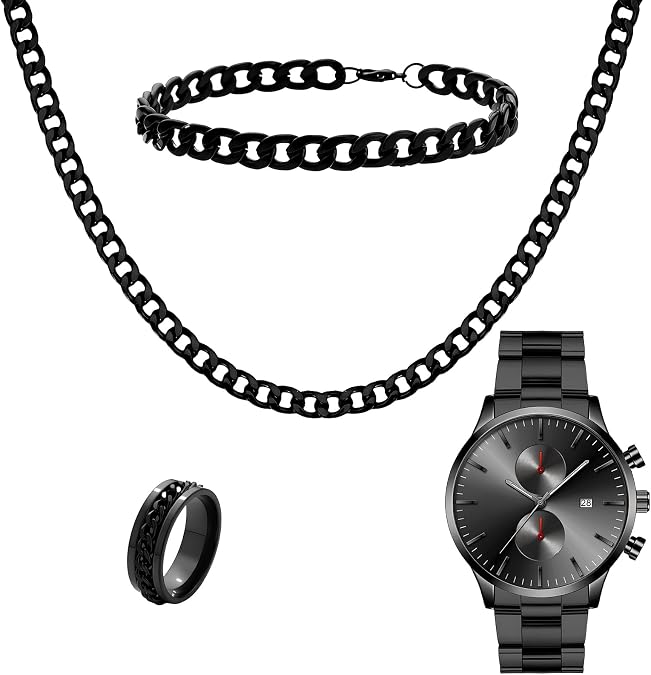 NEWITIN 4 Pieces Black Jewelry Set for Men Stainless Steel Watch Necklace Bracelet Ring Fashion Black Wristwatch Cuban Link Chain Cuban Jewelry Set for Men
