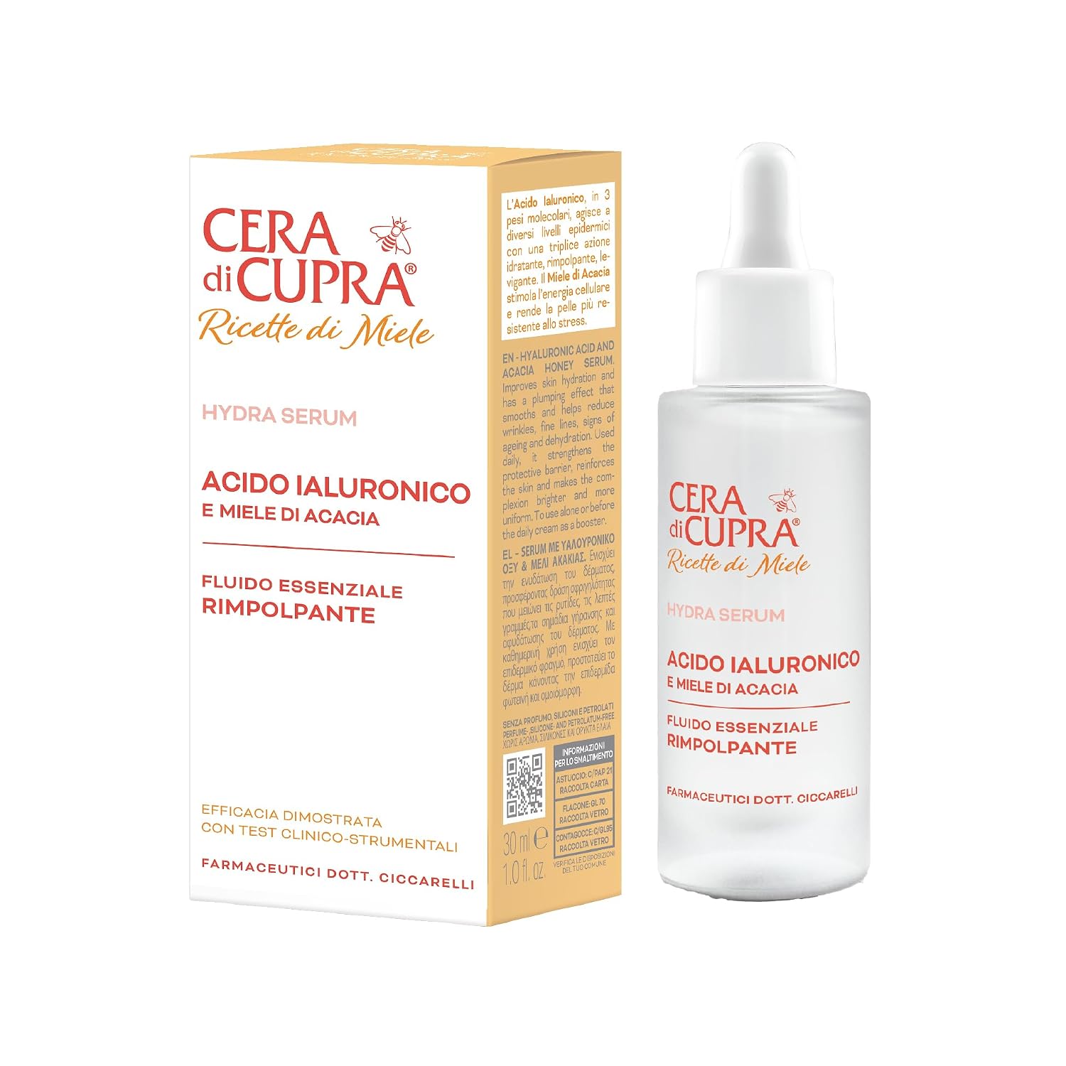 cera di cupra hydra serum - hyaluronic acid and acacia honey plumps up and instantly awakens the luminosity of the face made in italy dermatologically tested 30 ml