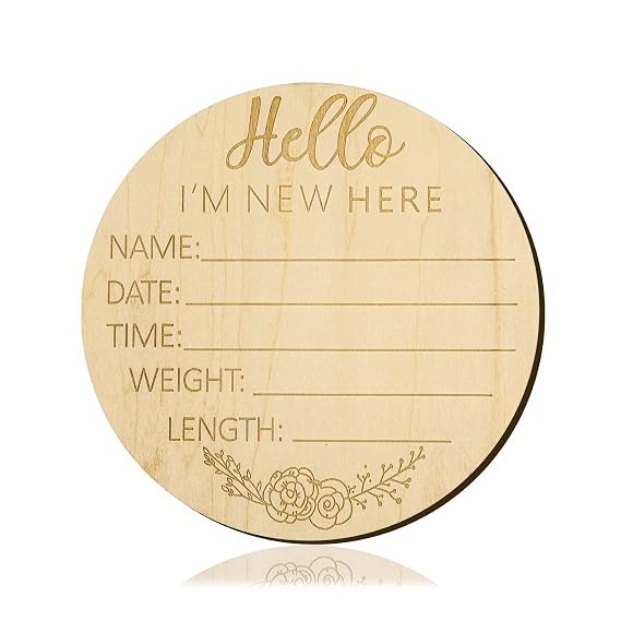 Baby Announcement Sign, 5.9 inch Hello World Newborn Sign Round Wooden Milestone Baby Nursery Name Signs for Hospital and Pregnancy Announcements