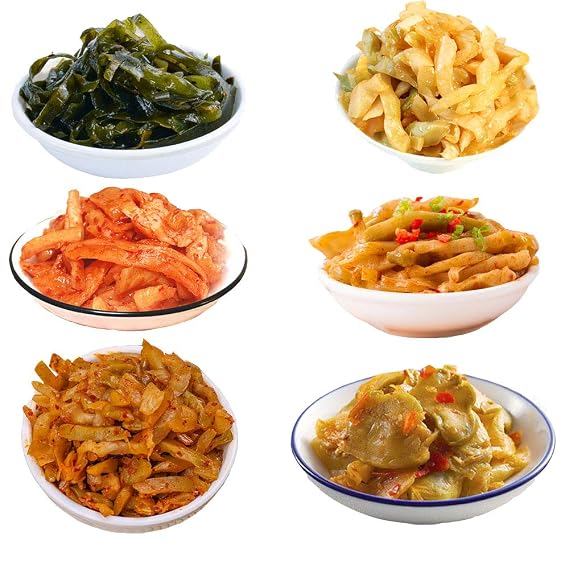 HELENOU666 Pickled Vegetables Preserved Kelp Dried Seaweed Spicy Radish Zhacai 6-Flavor Assortment 6