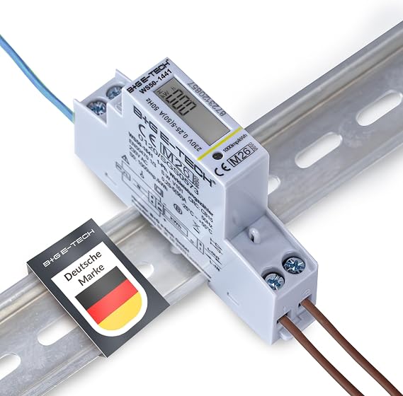 B+G E-Tech AC Meter [WS50] Digital 1 Phase Electricity Meter for DIN Rail (1TE) with LCD and S0 to 50A Direct Measurement at 230 V Setup and Two-Direction Meter (WS50-1441 (MID 2026))