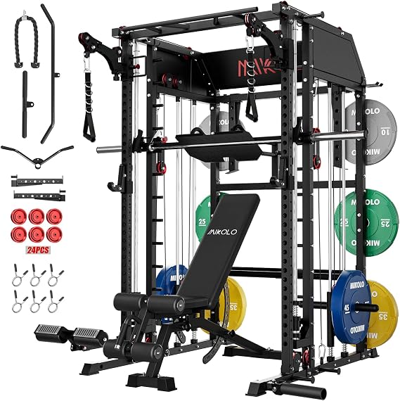 Mikolo Smith Machine, Multi-Function Power Cage with Dual Pulley System, Vertical Leg Press Attachment, Squat Rack Power Rack with More Training Attachment for Home Gym