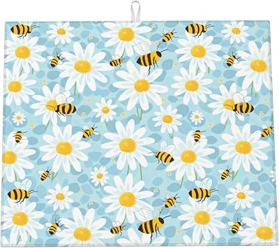 Spring Summer Bee Daisy Blue Dish Drying Mat For Kitchen Counter Dry Mats Microfiber Dish Drainer Mat Protector Pad Absorbent Fast Drying Kitchen Must-Have 16x18 Inch
