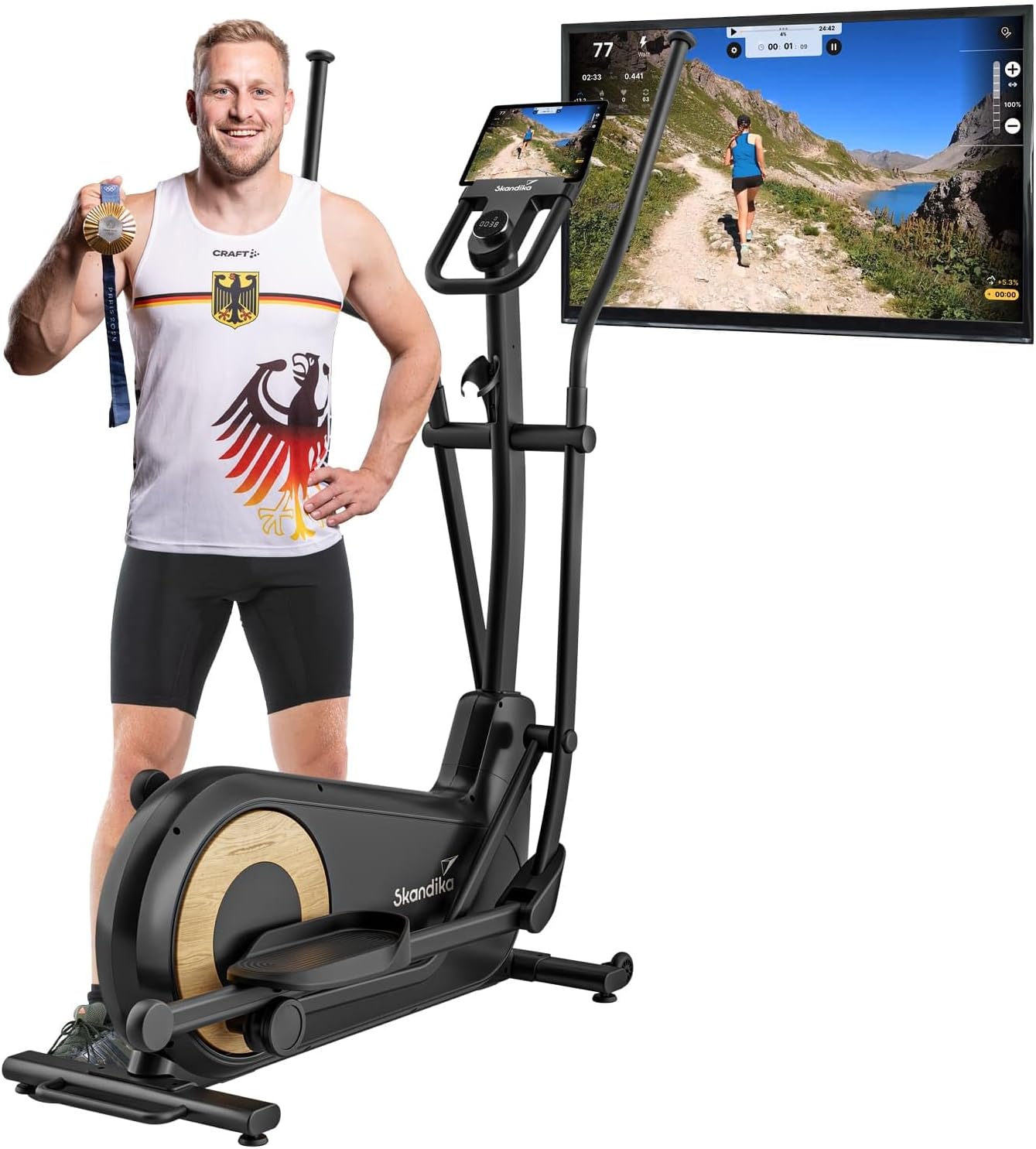 Skandika Carbon Cross Trainer P24-RG Elliptical Trainer Quiet without Power with Generator 16 Resistance Levels up to 150 kg Computer-Controlled Electronic Resistance Ellipse Cross Trainer for Home