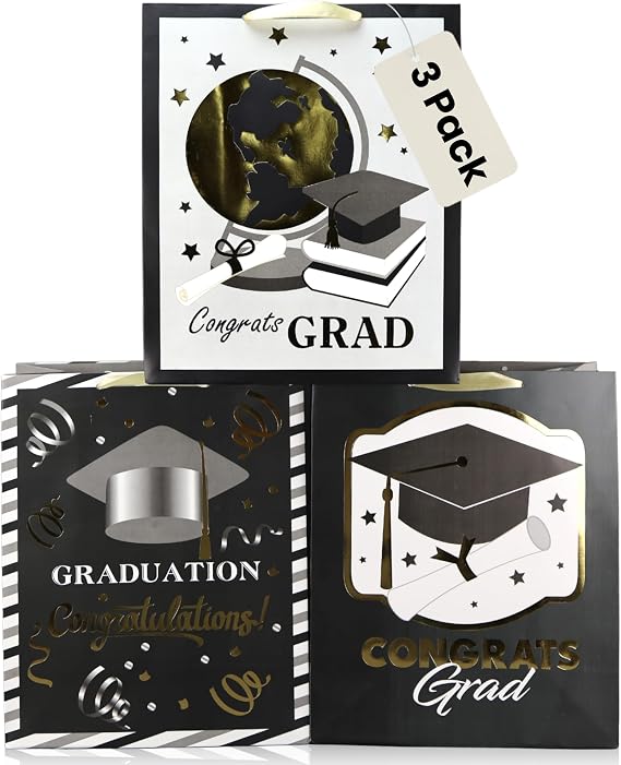 Iconikal 3-Pack Graduation Gift Bags Large 10.5x13x5.5 Foil Embellished
