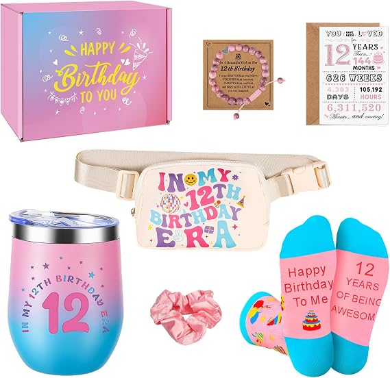 12 Year Old Girl Birthday Gifts, Gifts for 12 Year Old Girl 12th Birthday Gift for Girls, Tween Gift Box with Tumbler, Bracelet, Socks, Scrunchie, Fanny Pack for Daughter, Sister, Niece, Preteen