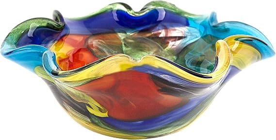 Badash Stormy Rainbow Art Glass - Murano-Style Art Glass Bowl Centerpiece - 8" Mouth-Blown Glass Bowl - Decor Bowl Centerpiece Home Decor Accent