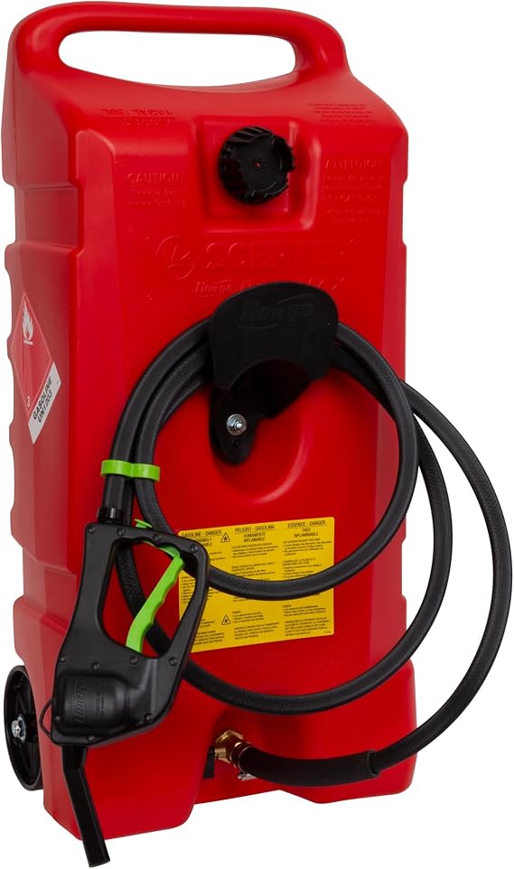 Scepter Duramax Flo N Go 14 Gallon Gas Caddy, 53 Liter Fuel Tank, Red | Original Version, Portable Fuel Transfer Pump with 10-Foot Hose for Lawn Mower, Farm, Marine, Commercial, and Home Use