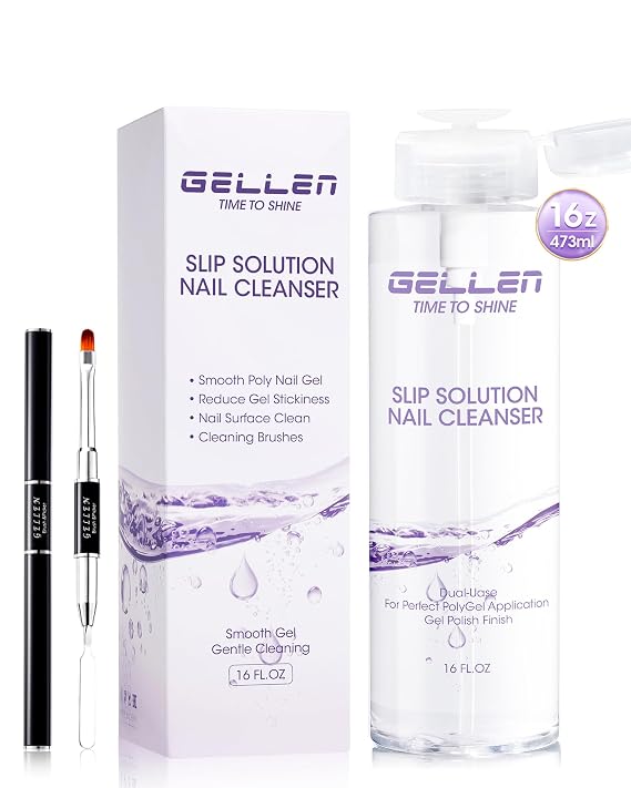Gellen 473ml/16oz Slip Solution for Polygel Nails with Nail Brush, Pump Bottle Design Polygel Solution, Anti-stick Liquid for Poly Extension Gel & Nail Cleanser in a Bottle, Home Salon Cleaning Liquid