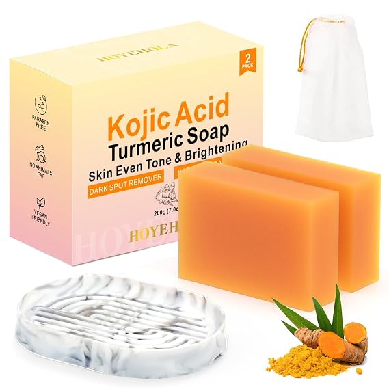 Kojic Acid Turmeric Soap Bar - Dark Spot Remover for Body and Face, Even Skin Tone Moisturizing & Nourishing Natural Ingredients 2Pack with Soap Dish