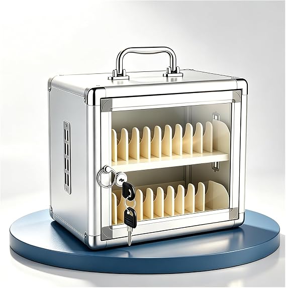 24 Slots Cell Phone Locker Box Cabinet, Aluminum Alloy Phone Storage Box with Heat Vents & Dividers, Secure Mobile Phones Locker with Pull Rings for Office Classroom Gym 26.6x20x23cm