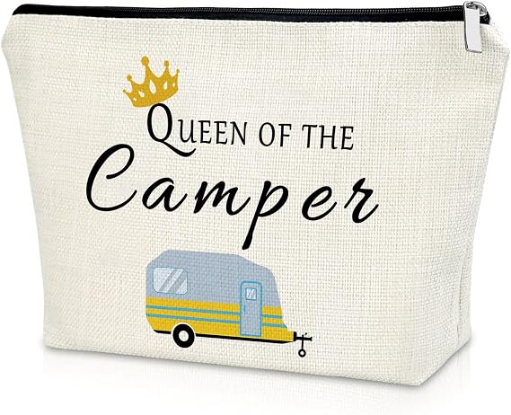 Sazuwu Happy Camper Makeup Bag - Camping Lover Gifts for Women, Friend, Family Vacation - Mother's Day, Birthday, Christmas Ideas - Cute Motorhome Outdoor Travel Cosmetic Bag