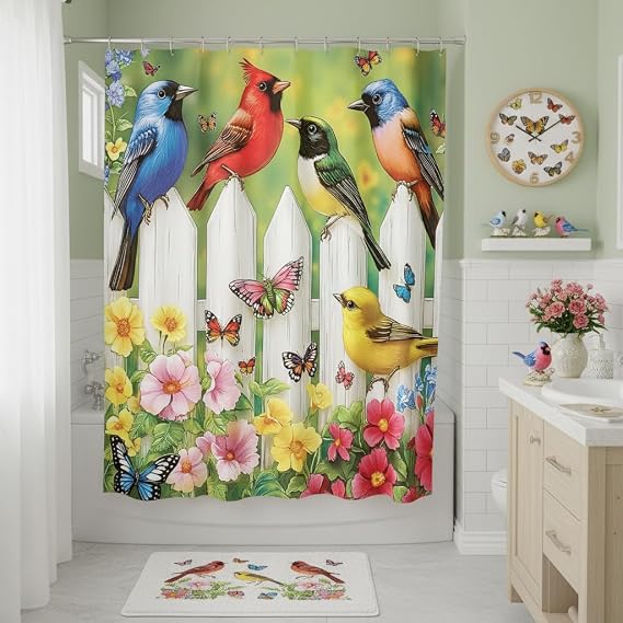 Rustic Floral Bird Shower Curtain, Farmhouse Birds on Wooden Fence, 70 x 70 | Colorful Flower Butterfly, Spring Garden Nature Scenery, Fabric Bathroom Decor Curtains with Hooks