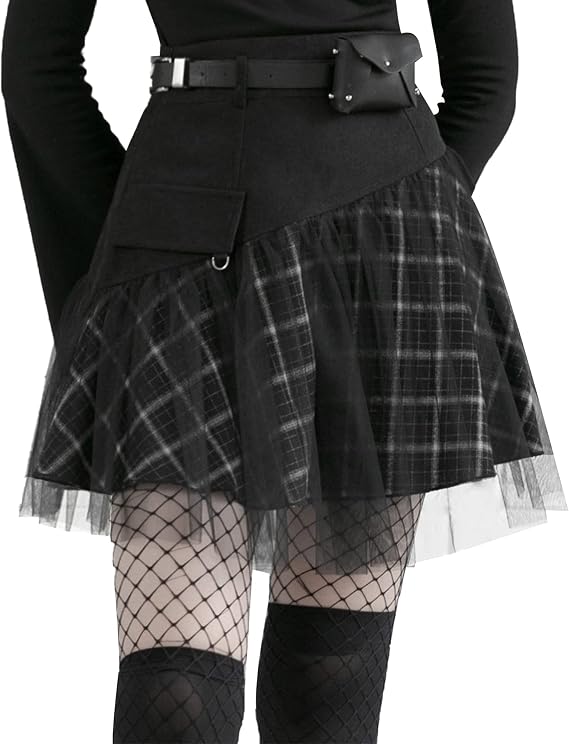 PUNK RAVE DAILY Women Gothic Skirts Women Goth Mini Plaid Skirt with Tulle Punk Dunk High Waist A-Line Party Skirt