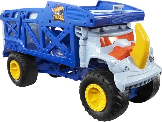 Hot Wheels Monster Trucks Rhino Carrier Truck carries 12 1:64 scale Monster Trucks or 32 Hot Wheels vehicles, has a ramp for launch, HFB13 for ages 3 and up