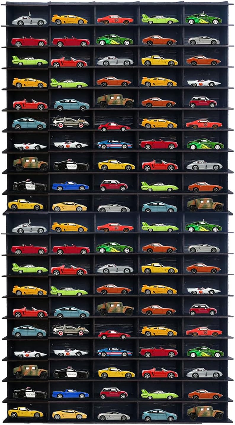 Tumbled Black Vertical Hobby Car Rack Hot Wheels Compatible, Matchbox Compatible - MDF, 5cm x 15 100, 100 Vehicles, Capacity Adjustable