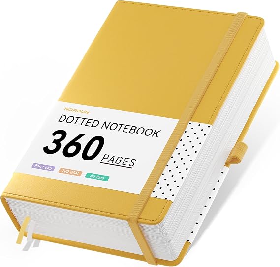 Notebook A5 Dotted Journal,Hardcover Leather Journal with 360 Pages 100gsm Thick Paper, Index Tabs,Thick Notebook for Women Men Writing Work School Office,14.5 x 21cm - Yellow 