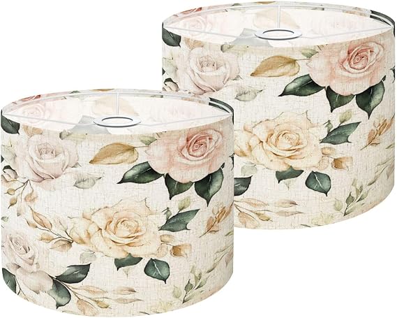 Boho Drum Lamp Shade Set of 2-11" x 11" x 8.9" Seamless watercolor floral pattern pink flowers gold elements green Replacement Natural Linen Lampshades for Table Lamps, Floor Lamps Easy Assembly