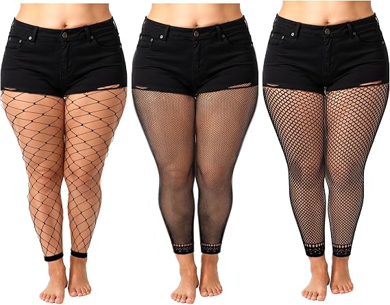 Prasacco 3 Pairs Women's Plus Size Fishnet Stockings, High Waist Stretchy Footless Tights, Black Pantyhose For Daily XL-4XL