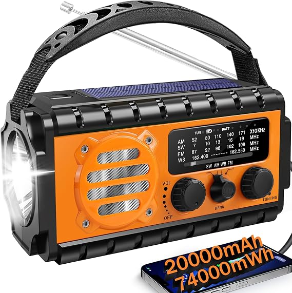 QAUYYW Solar Hand Crank Emergency Radio, 20000mAh AM FM NOAA Weather Radio