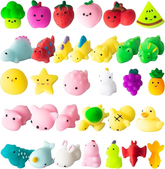 SINZUX 32Pcs Mochi Squishy Toys, Kawaii Soft Squeeze Toys Pack | Mini Animals Dinosaur Fruits Squishies Toys, Stress Relief Sensory Fidget Toys, Party Bags Fillers, Birthday Party Favors