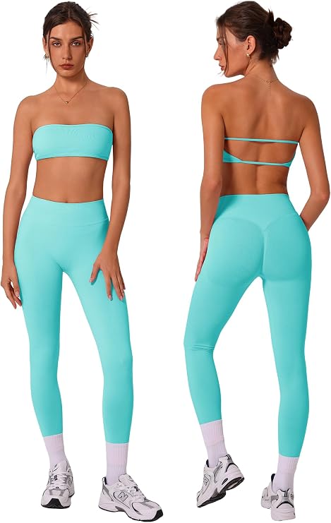 ABOCIW Workout Sets for Women 2 Piece Seamless Bandeau Sports Bra Scrunch Butt Liftinf High Waist Leggings Gym Sets