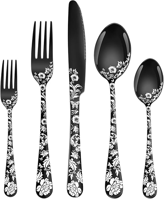 Vilihkc 20-Piece Peony Flower Pattern Design Silverware Set, Stainless Steel Flatware Set for 4, Black Cutlery, Mirror Polished Utensils, Dishwasher Safe