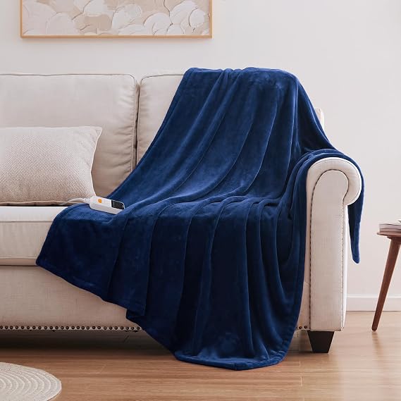 Sealy Electric Blanket Throw 5060, Double Flannel, 6 Heat Levels, Navy