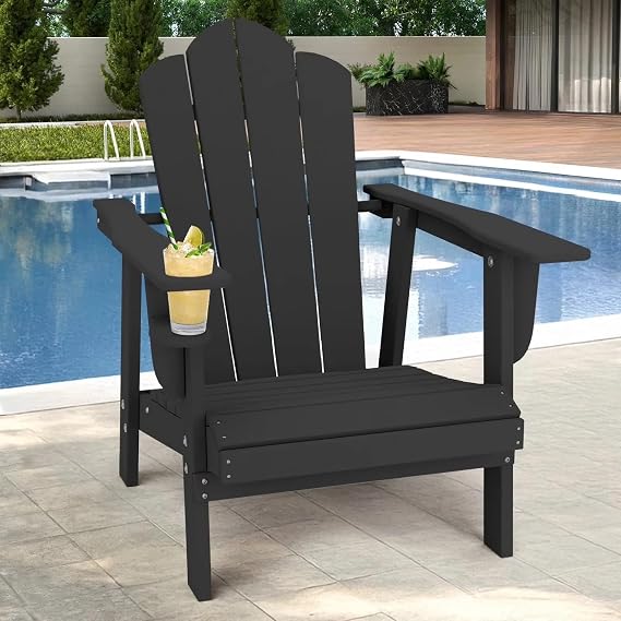 PROHIKER Adirondack Chair with Cup Holder, HDPE Outdoor Patio Chair All Weather Outdoor Chairs for Lawn Garden Porch Backyard, Plastic, Black
