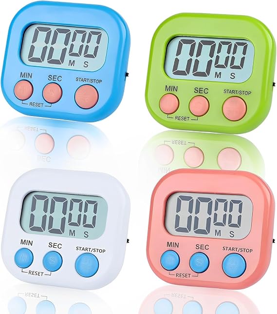 4PCS Digital Timer, Timer Clock Kitchen Timers for Cooking Minute Seconds Count Up Countdown for Kids Kitchen Cooking Classroom Gym Study Teeth Cleaning Kids Children (Blue-Green-Pink-White).
