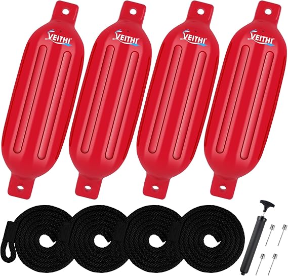 4.5/5.5/6.5/8.5/10/16 inch Boat Fenders 4 Pack,Ribbed Twin Eyes Vinyl Boat Bumpers Fenders,Boat Bumpers for Docking Come with Ropes Needles and Pump to Inflate