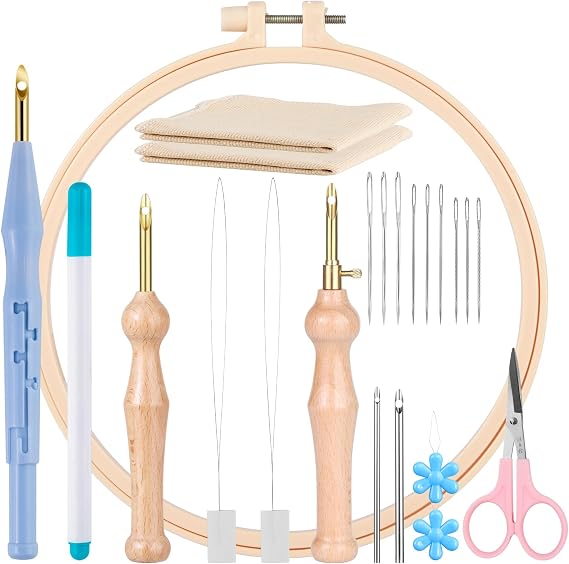 MSDADA 21 Pcs DIY Punch Needle Kit, Adjustable Rug Yarn Set, Wooden Handle Pens - Embroidery Sewing Cloth Threader Tools(Blue)