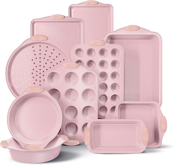 Country Kitchen Nonstick Stackable Bakeware Set - Heavy Duty, Durable, Easy Release Baking Set, Pink, 10 Pcs