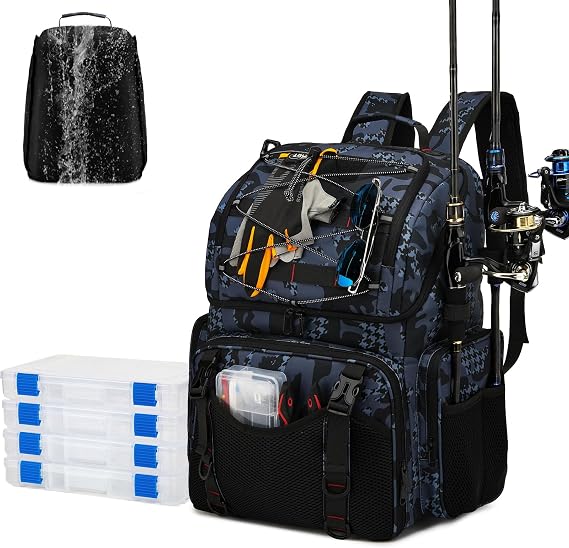 Fishing Backpack, 45L Large Cooler Fishing Tackle bag with Rod Holders & Rain Cover, Water-resistant Store Gear(With 4 Tackle Boxes)
