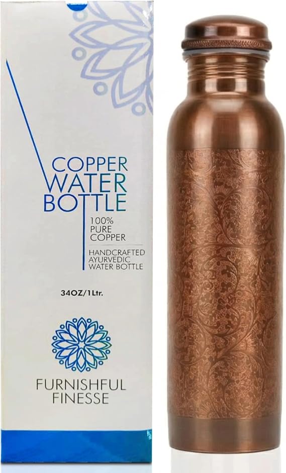 Pure Copper Water Bottle, 1000ml (34 Oz) Hand-Engraved Antique Finish Drinking Bottle, Leakproof Silicone Seal Cap, Seamless Ayurvedic Copper Vessel for Yoga, Gym, Office & Sports