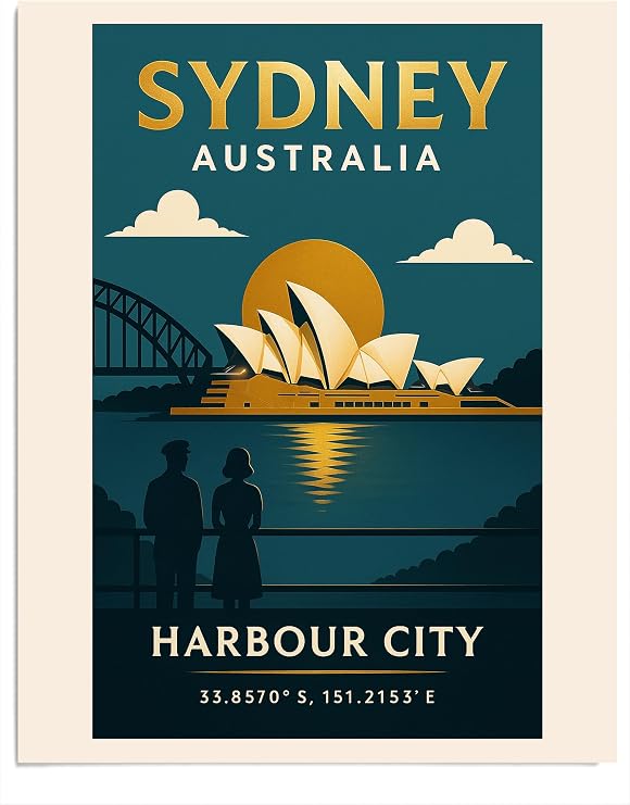 Sydney Opera House Vintage Travel Wall Art, 11x14 Unframed | Right at home in the living room.