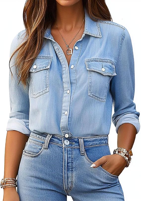 Glozeplus Button Down Denim Shirt Long Sleeve Ladies Casual Chambray Blouse