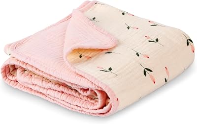 Muslin Baby Blanket Crib Blanket, Double-Sided for Girls, 40x40 Inch - Pink & Floral Print Quilt Blankets, Soft Breathable Toddler Blanket for Infants & Toddlers, NaptimeBathStroller